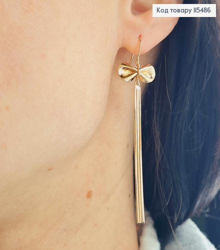 Сережки гачки, з підвіскою бантиком 1,7см, та ниточками 5см, Xuping 18K 115486 фото 2