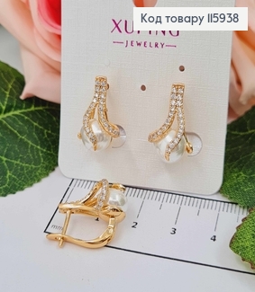 Сережки "Золоте коріння" в камінцях, з перлинкою англ. заст. Xuping 18K 115938 фото