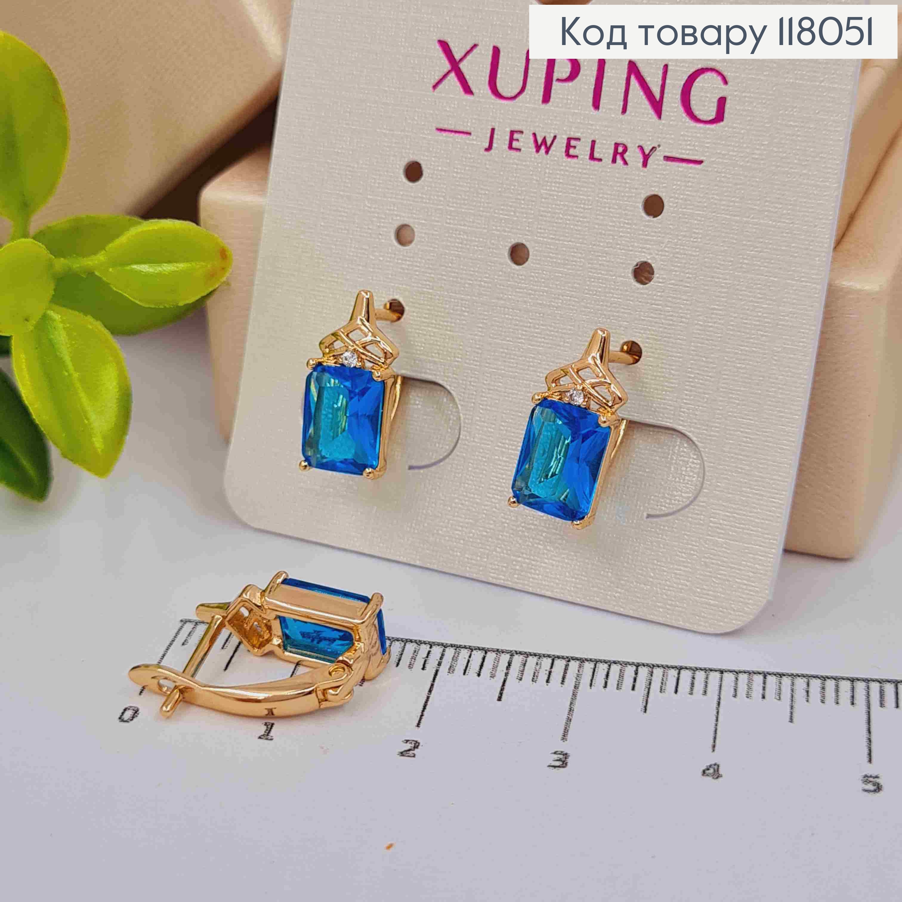 Серьги с Синим квадратным камешком, 1,4см, английская застежка, Xuping 18K 118051 фото 3