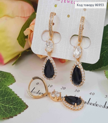 Сережки "Крапля Океану" з підвіскою Чорним камінцем, 3,5см, англ. заст. Xuping 18K 116953 фото 2