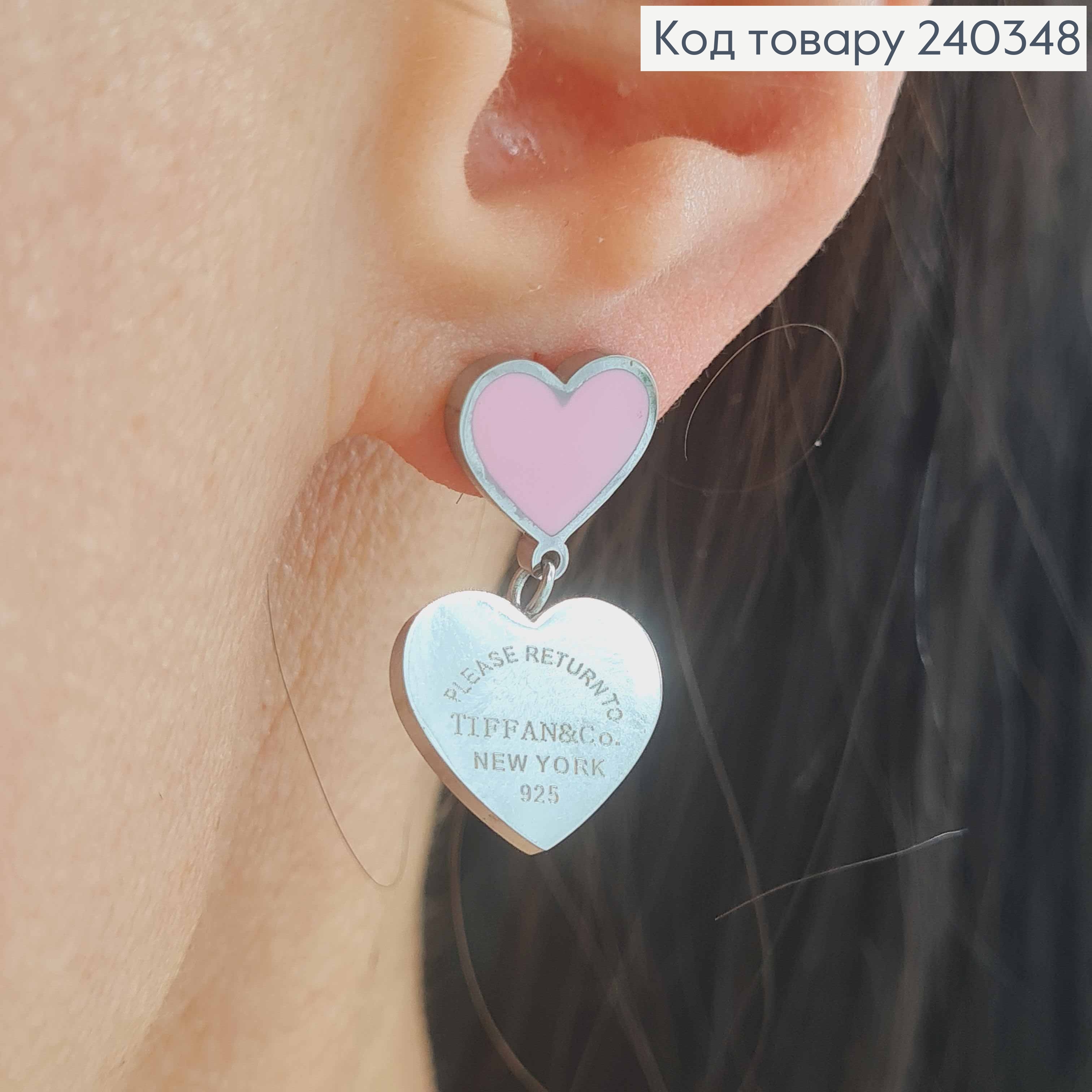 Серьги гвоздики, с подвесками сердечками, с розовой эмалью, серебряного цвета,  сталь Stainless Steel 240348 фото 1
