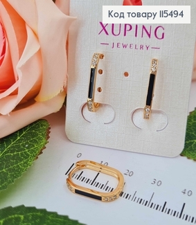 Сережки кільця продовгуваті 2см, з чорною емаллю та камінцями Xuping 18K 115494 фото