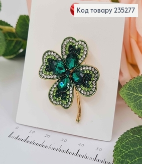 Брошь Клеверс камешками ЗЕЛЕНОГО цвета 3*4см 235277 фото