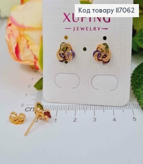 Серьги гвоздики, "Узелки" с цветными темными камешками, 1см, Xuping 18K 117062 фото