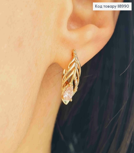 Серьги "Перо Павлина" с Розовым камнем, 2см, англ. застежка, Xuping 18К 118990 фото 2