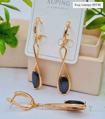 Серьги с подвижной подвеской с черным камнем, 1,6+3,3см, англ. застежка, Xuping 18К 119748 фото 2
