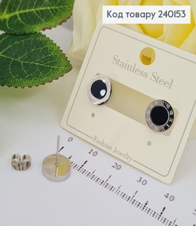 Серьги гвіздки Римский часы серебряный цвет с черным камнем Stainless Steel 240153 фото