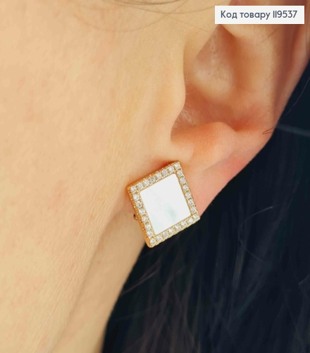 Серьги-клипсы "Ромбы" с перламутровой эмалью и камнями, 1,6 см, Xuping 18K 119537 фото 2