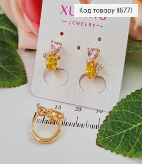 Серьги кольца 1,2см, Кошка с розовыми и желтыми камешками, 1,3см, Xuping 18K 116771 фото