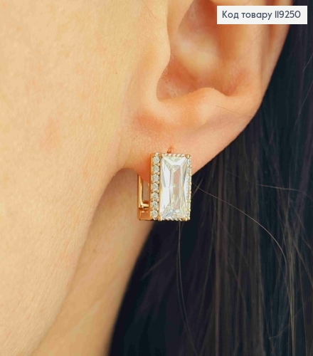 Серьги квадратные с изысканным блестящим камнем, 1,1*0,8см, итал. застежка, Xuping 18K 119250 фото 2