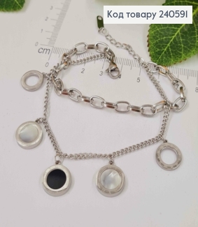 Браслет 16+4см Van Cleef 3 подвески с черной и перламутр. эмалью, цвет серебряный, Stainless Steel 250015 фото