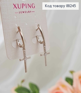 Серьги кольца родованные, с подвесками Крестиками в камешках, 1,5см, Xuping 181245 фото