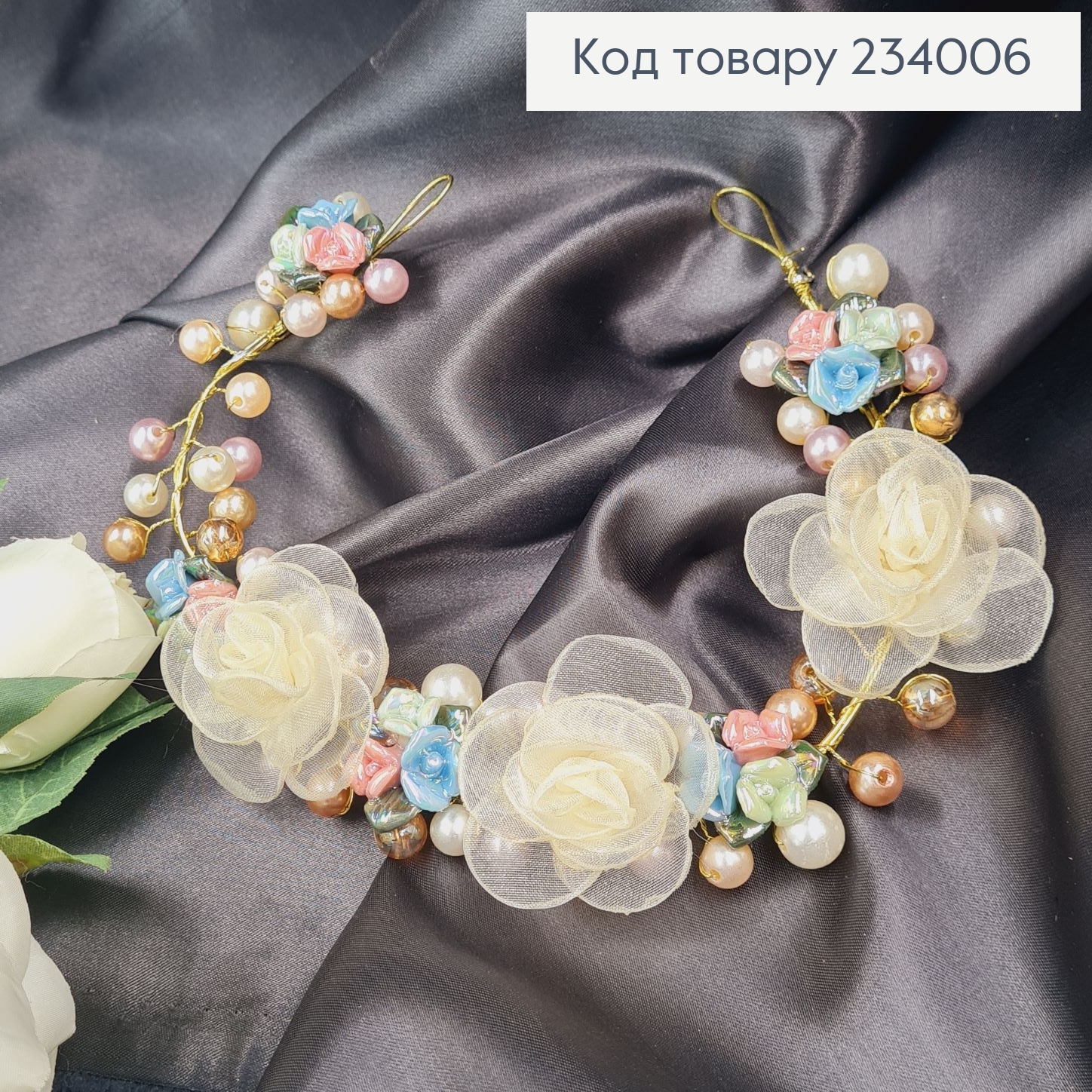Гілочка  в волосся ручної роботи з білими квітами 234006 фото 2