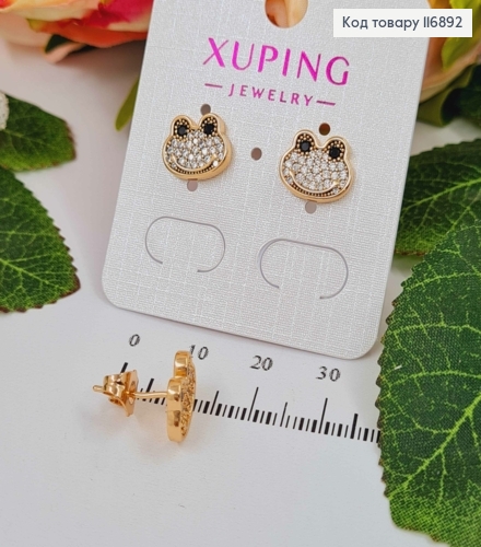 Сережки гвіздки, "Жабка", мордочка жабки в камінцях, 1см, Xuping 18K 116892 фото 2