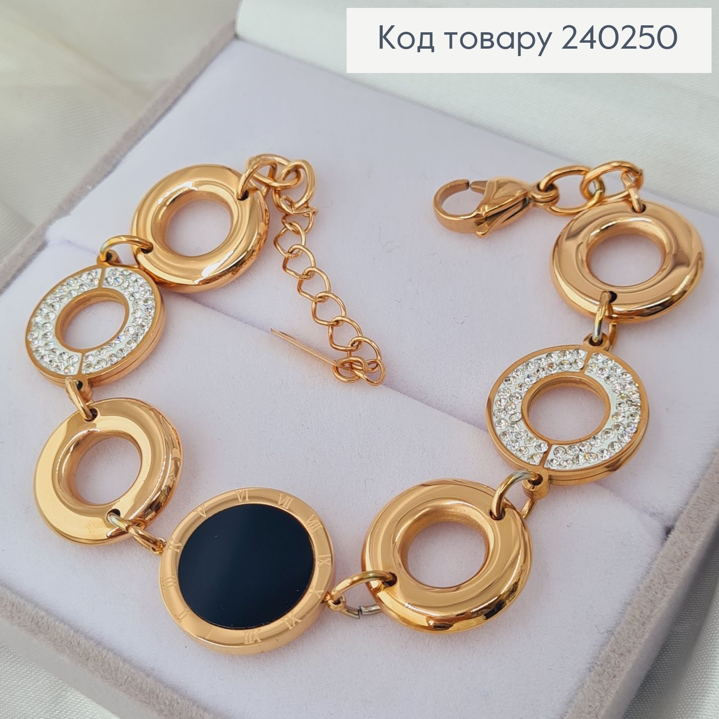 Браслет 19+6 см Римские часы с чёрной эмалью и камушками, цвет золотой, Stainless Steel 240250 фото 1