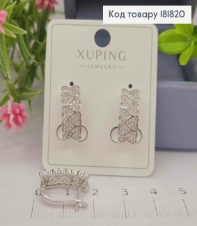 Серьги Прямоугольные с Сердцами и Блестящими камнями, 1,7см, англ. застежка, XUPING 181820 фото