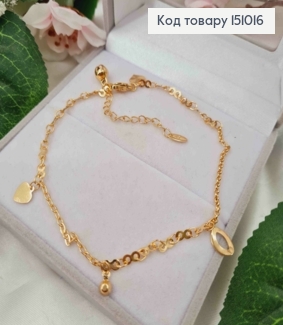 Браслет на ногу, якорное петление, Овал+Камень+Сердце, 24+5см, Xuping 18K 151016 фото