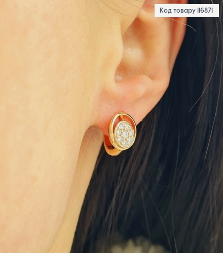 Сережки кільця 1см,  з круглою пластинкою в камінцях, 1см, Xuping 18К 116871 фото 2