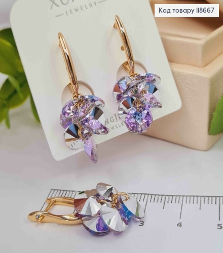 Серьги с подвесными Фиолетовыми камешками Сваровски, 2+1,8см, английская застежка, Xuping 18К 118667 фото 1