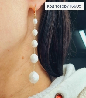 Серьги кольца 1см, с подвесками жемчужками на цепочке, 9,5см, Xuping 18К 116605 фото