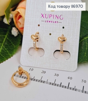 Сережки кільця 1,3см, в камінчиках, з об'ємним сердечком, Xuping 18K 116970 фото