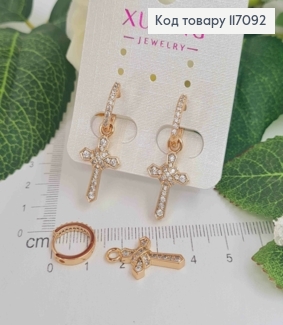 Сережки кільця 1см, З підвіскою хрестиком, в камінцях, 1,6см, Xuping 18K 117092 фото