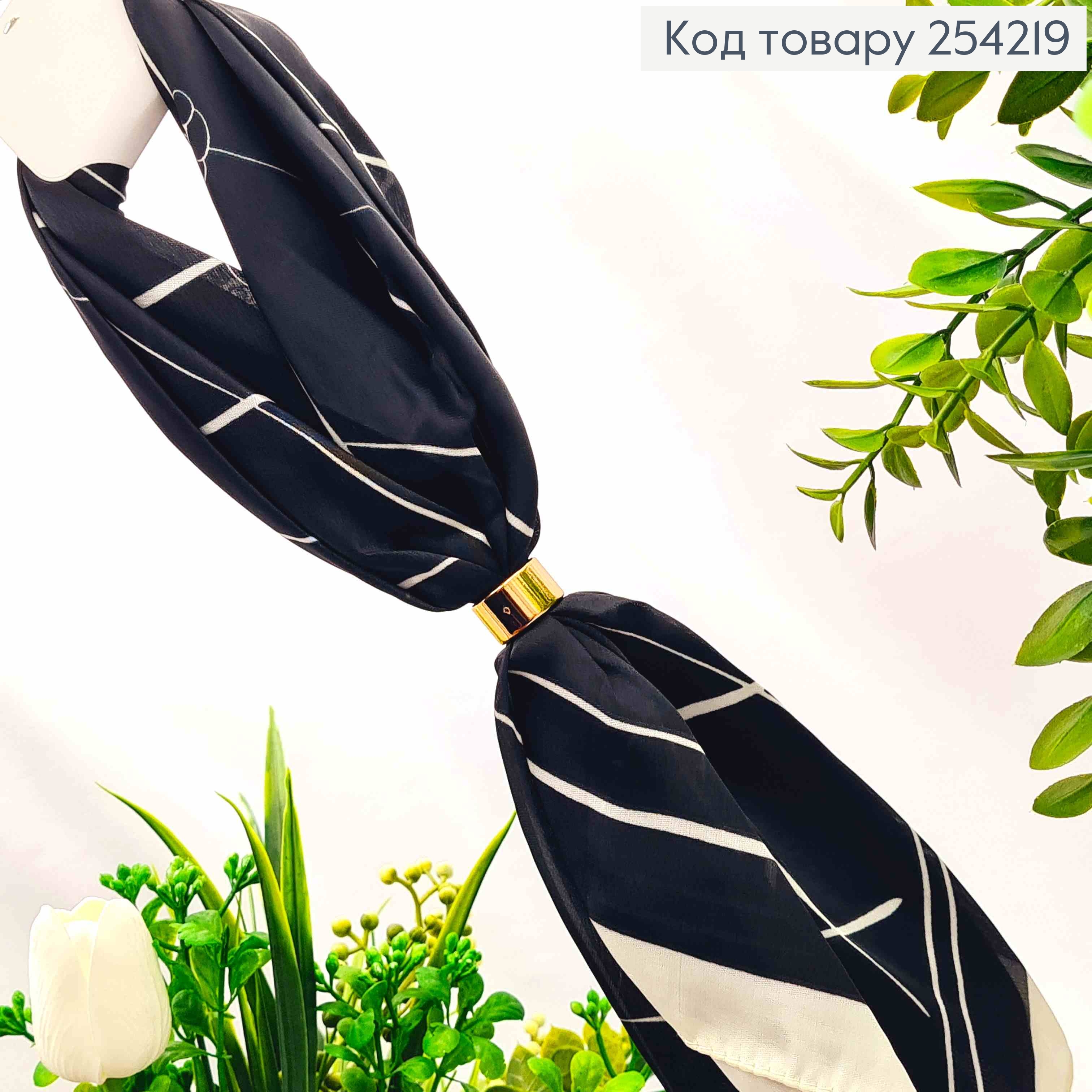 Платок с колечком, Черного цвета с геометрическим рисунком, 70*70см, 100% полиэстр (шелк) 254219 фото 2