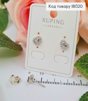 Серьги родованные гвоздики, двойное сердечко, с камешками, 7мм, Xuping 181320 фото