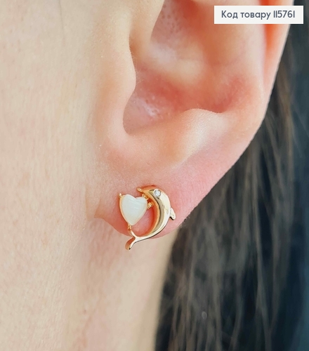 Сережки гвоздики, "Дельфінчик" з камінцем котяче око, 1см, Xuping 18K  115761 фото 2