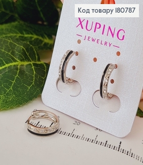 Сережки родированые кольца с чорной вставкой и камнями, 1,5см, Xuping 180787 фото