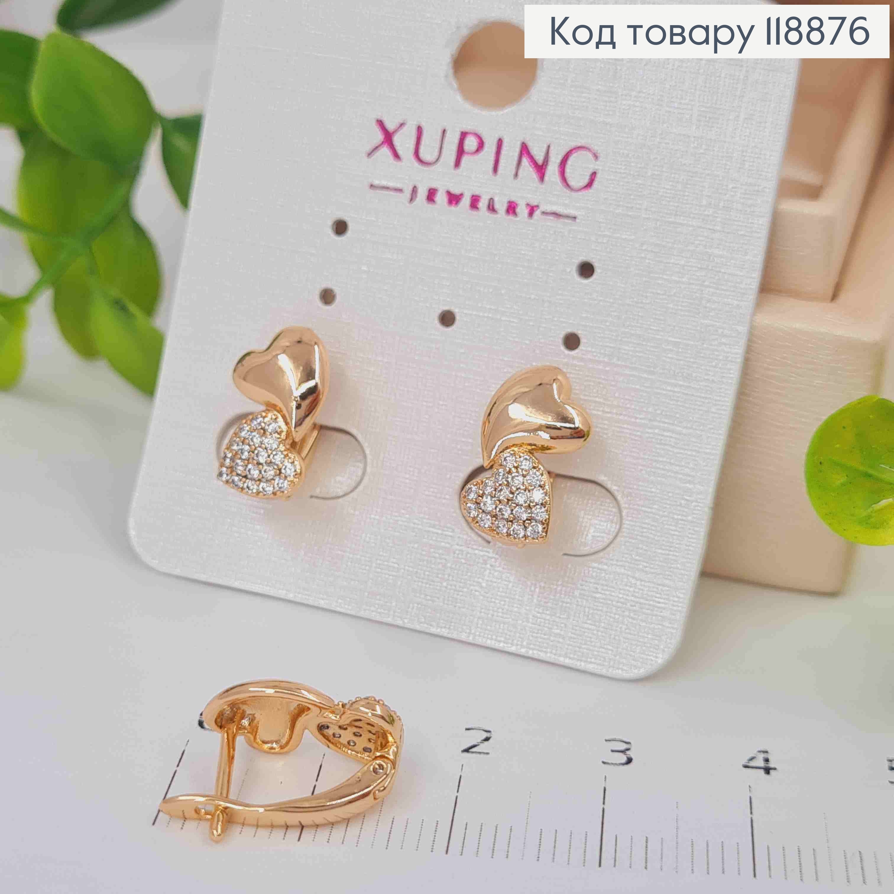 Серьги "Двойное Сердце" украшены Блестящими камешками, 1,4см, английская застежка, Xuping 18К 118876 фото 2