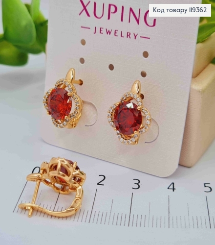 Серьги "Цветок Эдема" с Красным камнем, 1,5см, английская застежка, Xuping 18K 119362 фото 2
