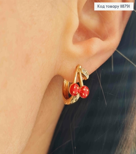 Сережки кільця (1,5см), "Стиглі Вишні" з Блискучими камінцями (1,2см), XUPING 18K 118791 фото 3