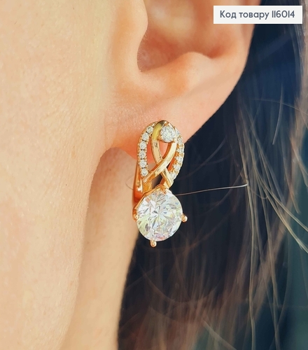Сережки Петелька з великим камінцем, 2см, англ. застібка, 18K 116014 фото 2