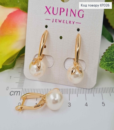 Сережки 2,5см з перлинкою та листочком, англ. заст. Xuping 18K 117026 фото 2