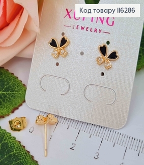 Серьги гвоздики, Бабочки с черной эмалью и камешками, 0,7см, Xuping 18К 116286 фото